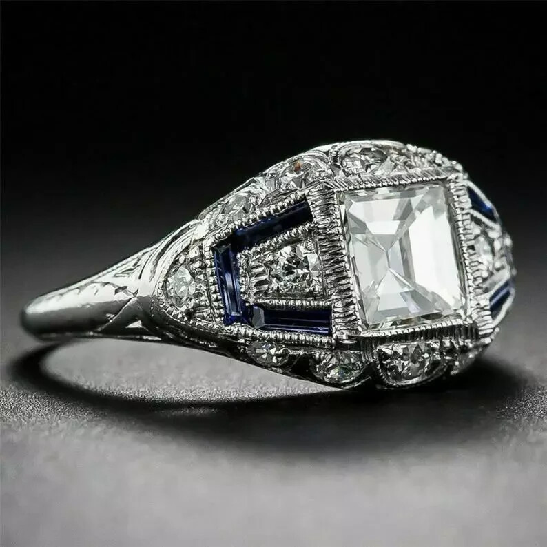 Art Deco 1.8Ct Princess Lab Created Diamond & Sapphire 925 Silver Wedding Ring