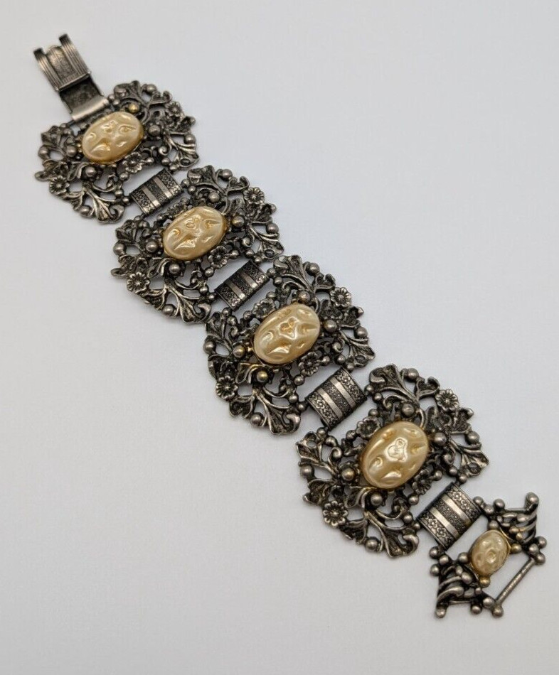 Vintage Victorian Selro Selini Style Baroque Faux Pearl Flower Panel Bracelet