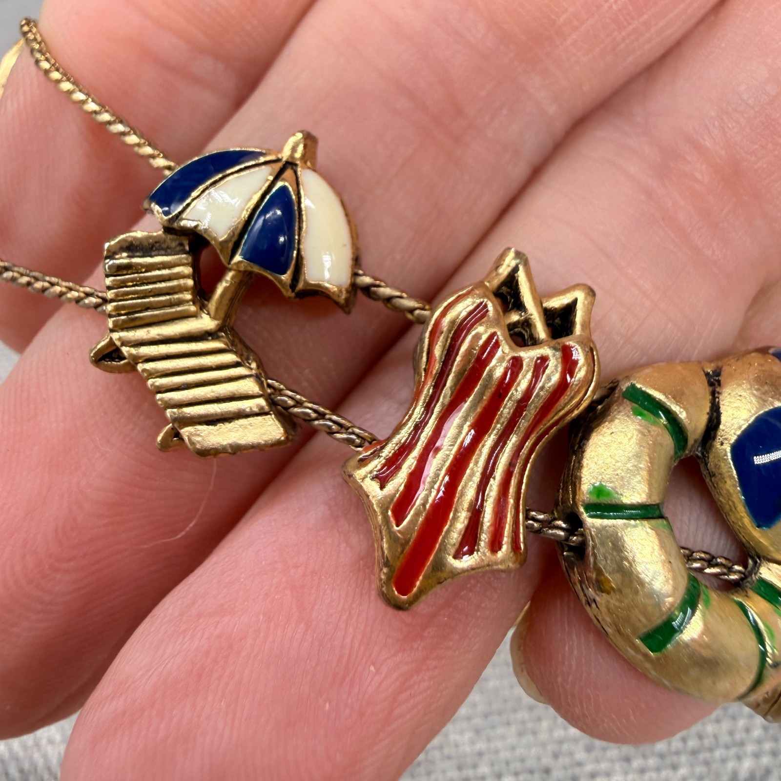 Vintage Slider Bracelet Enamel Beach Ball Pool Swimsuit Chaise Lounge Goggles