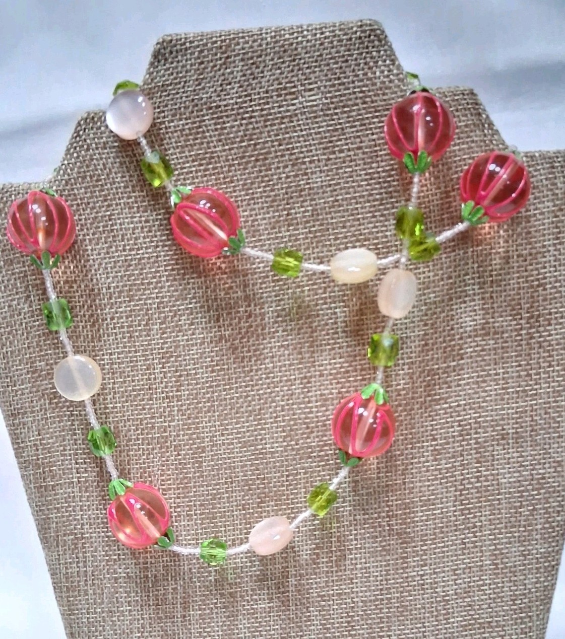 VTG Fruit Japan Necklace Pink Lucite/Acrylic beads And Green MELON BALLS
