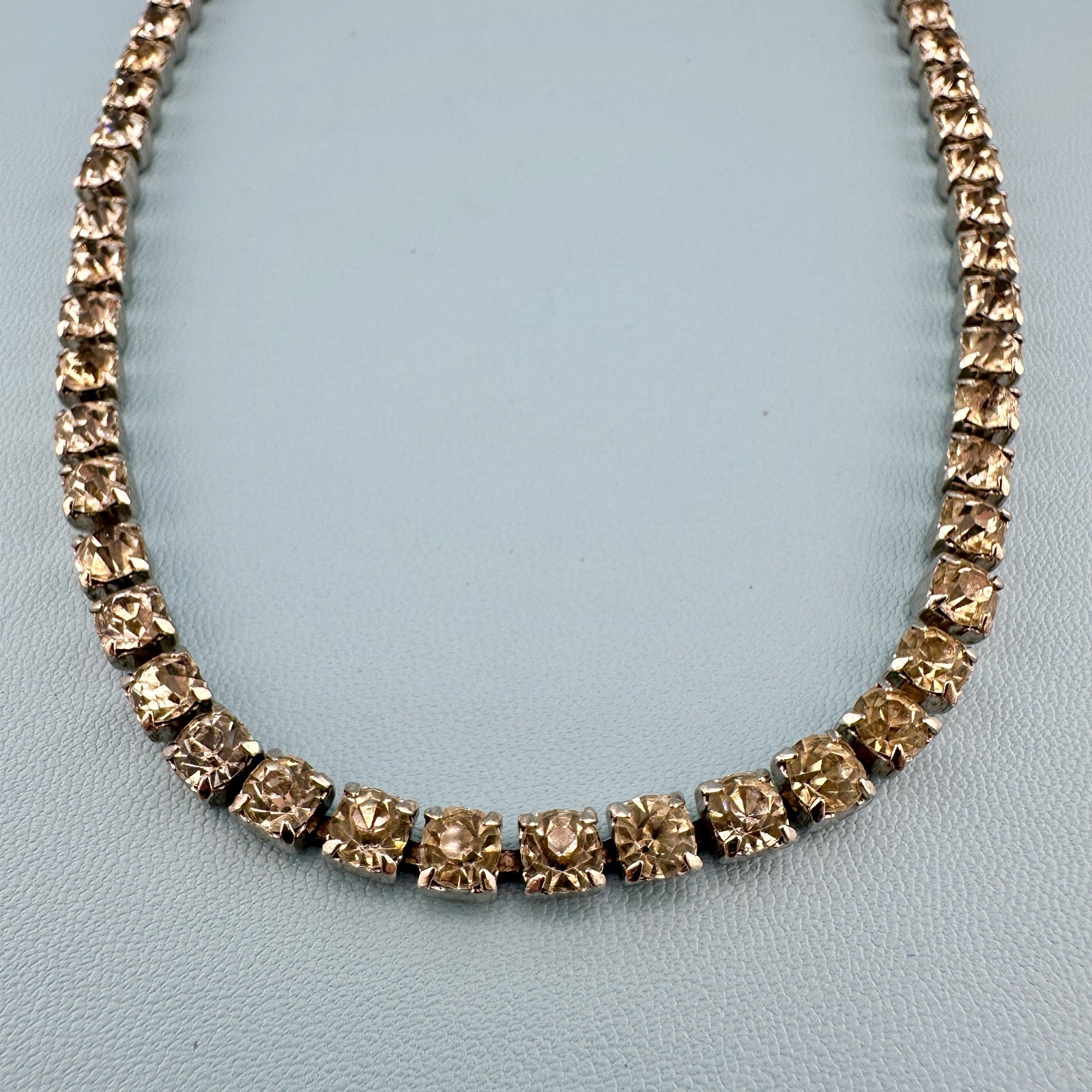 Vintage Rhinestone Choker Necklace Silver Tone Cup Chain Riviere Old Hollywood
