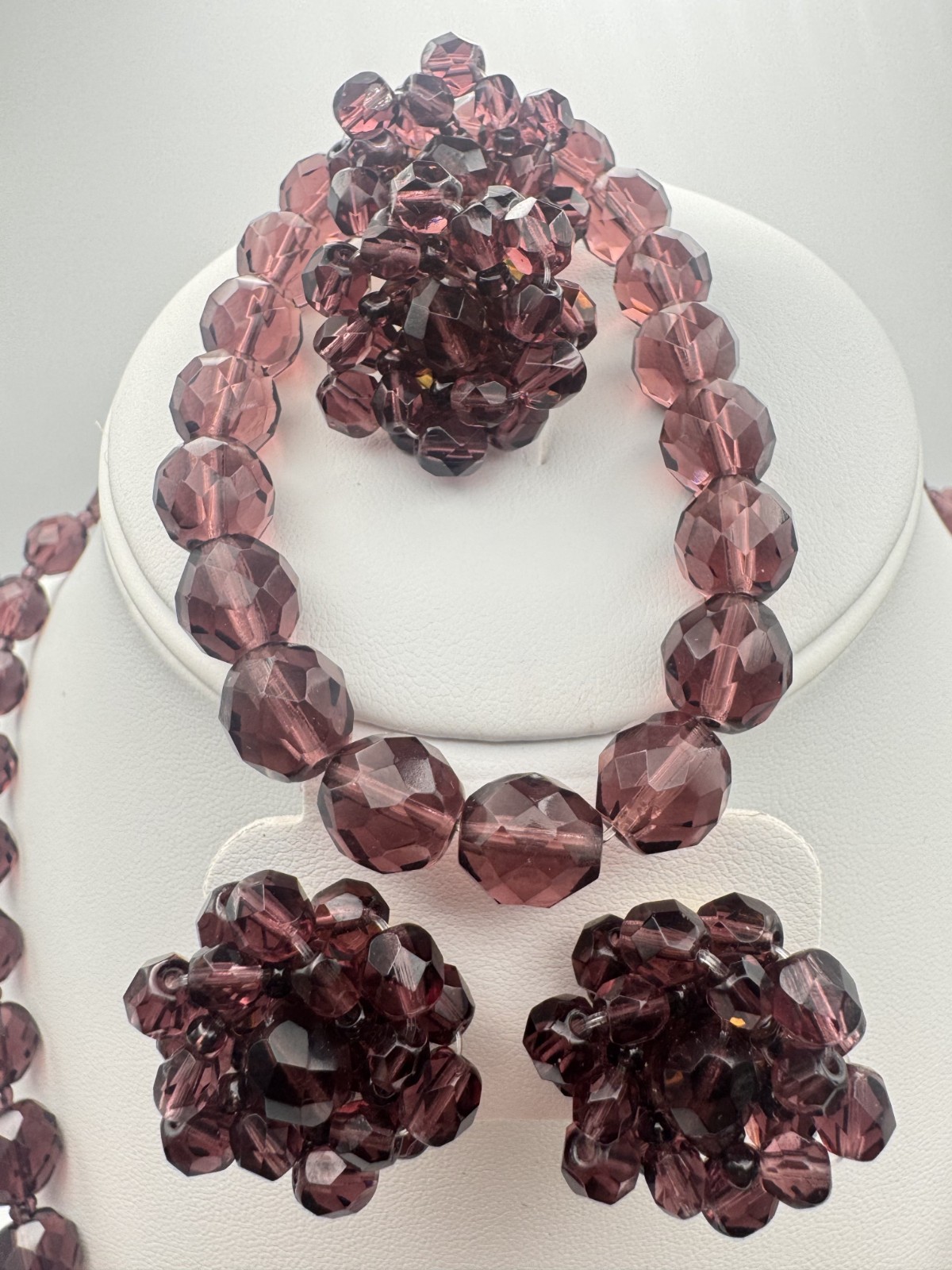 VTG Purple Bead Necklace Bracelet Pierced and Clip On Earrings