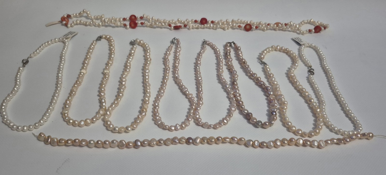 7pc Mixed Lot Pearl & Beaded Necklaces White/Red Accents Unisex Adults