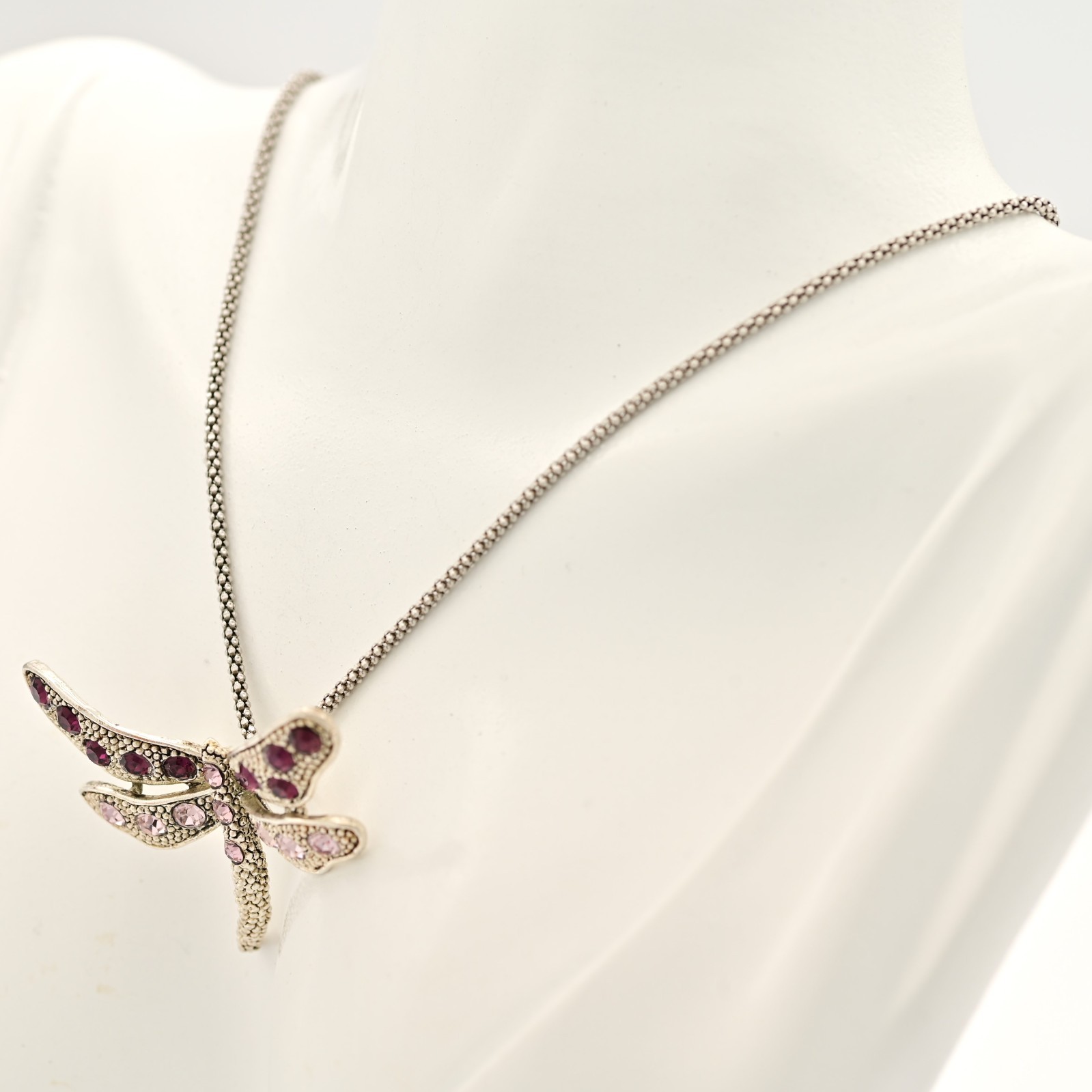 Vintage Original Sterling Silver Pink Gemstone Dragonfly Pendant Estate Necklace