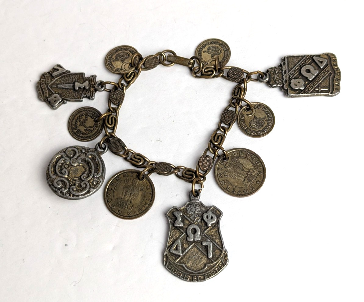 1950s Vintage Heraldic Chunky Charm Bracelet with Pakistan and India Coins 7″