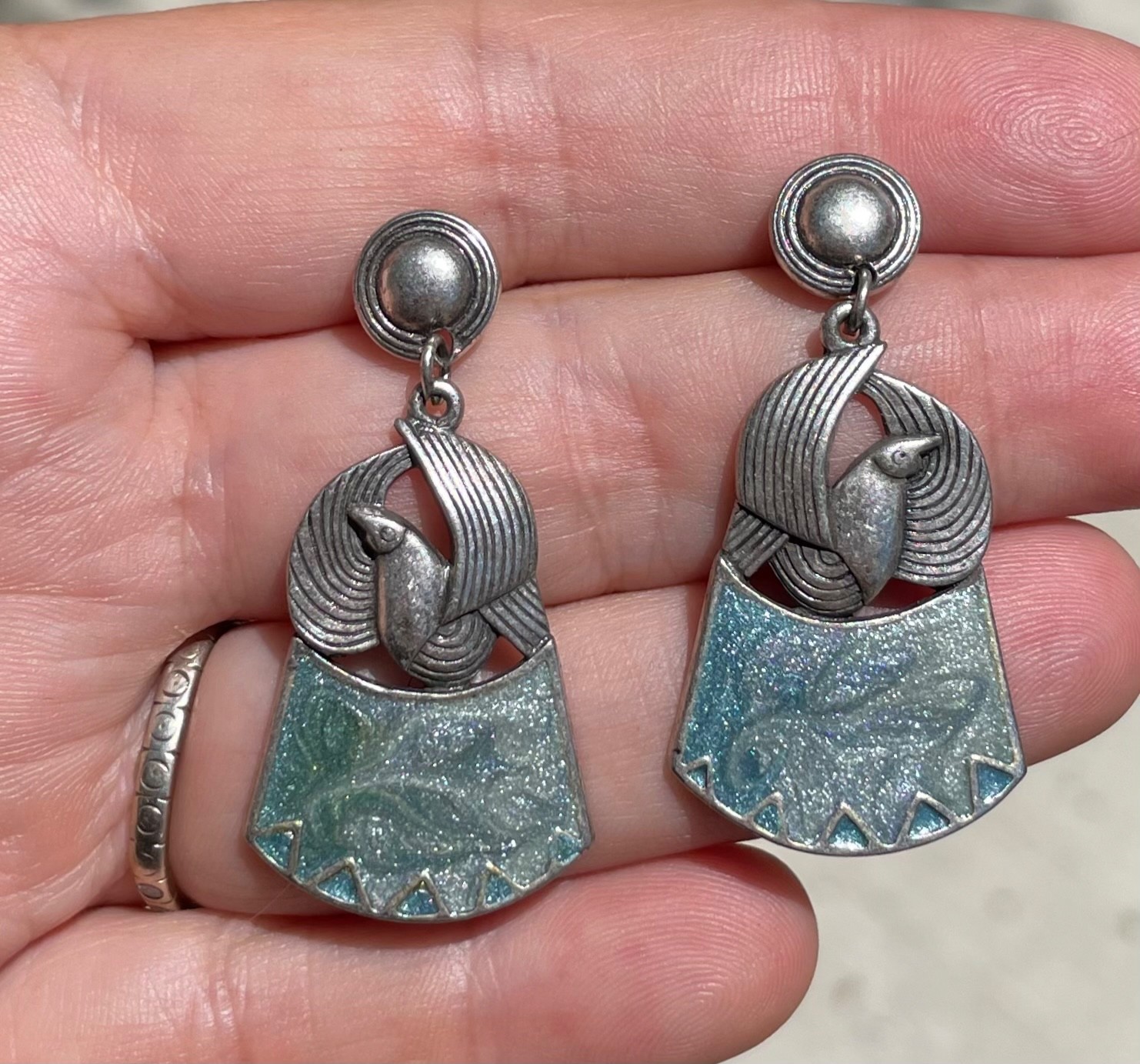 Vintage Edgar Berebi Blue Enamel Bird Dove Silver Tone Dangle Pierced Earrings