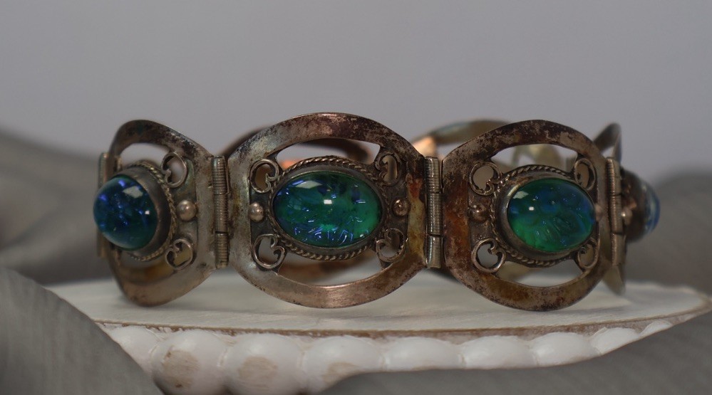 Vintage Mexico Sterling Silver 925 Cabochon Stone Bracelet 30G / 7.5in