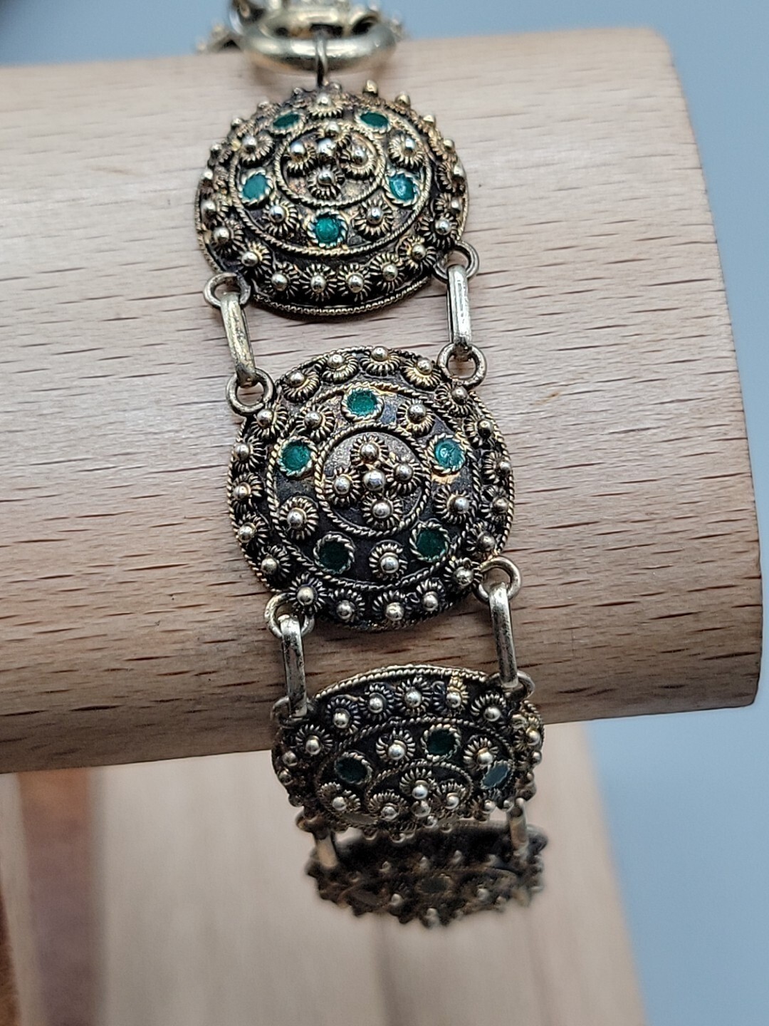 Antique Dutch 833 Silver Filigree Bracelet Green Glass Art Deco S-Hertogenbosch