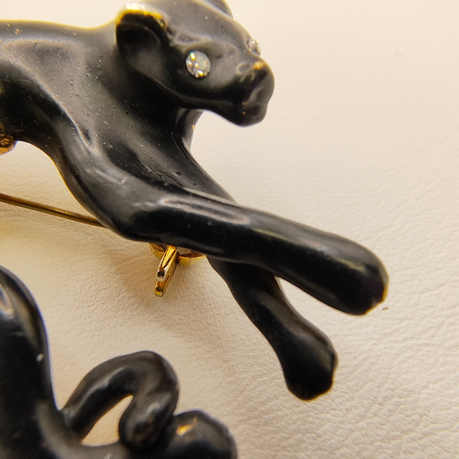 Vintage Black Panther Brooch Pin Enamel Gold Tone White Rhinestone Puma Jaguar