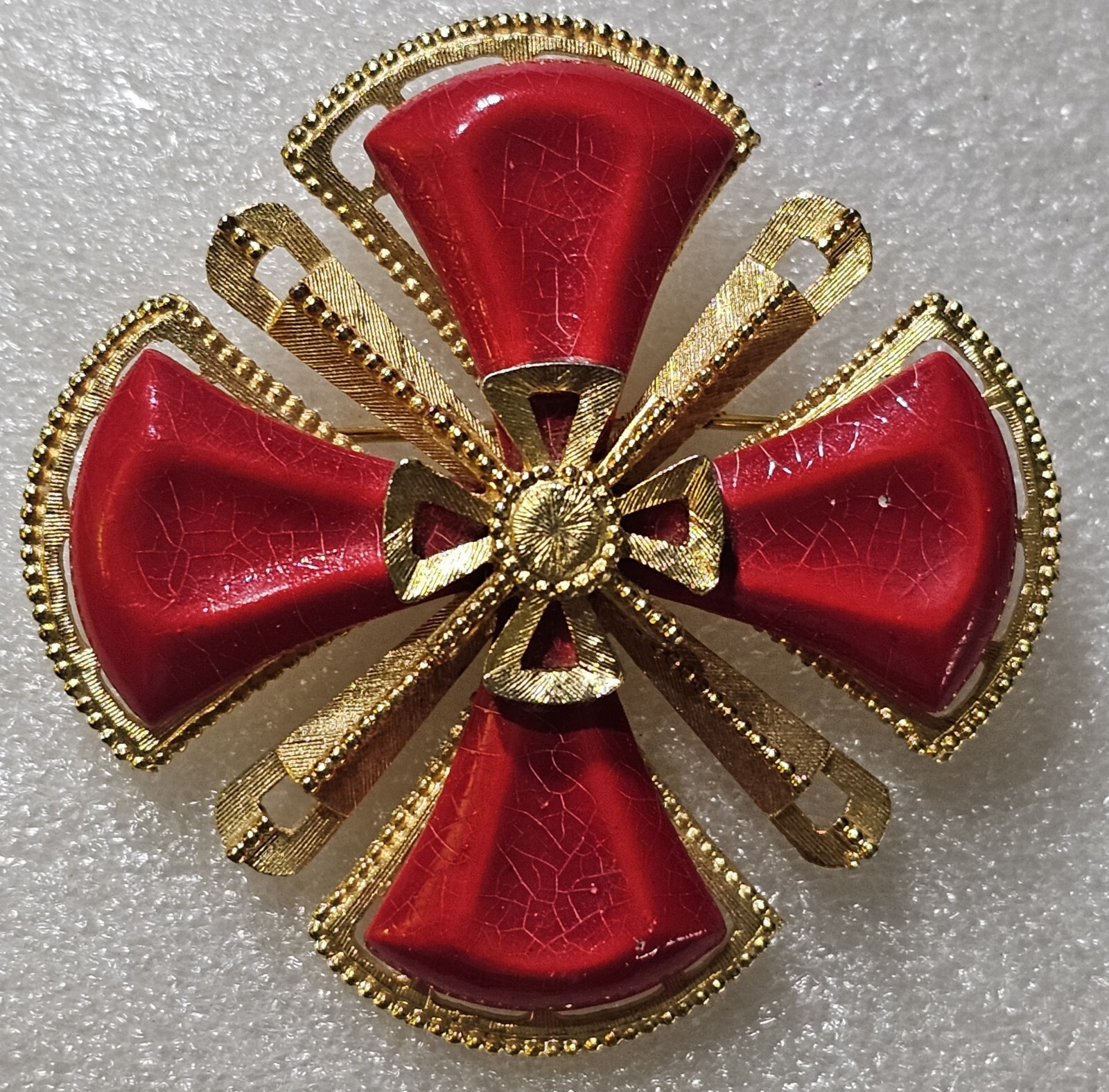 Vintage Red Cabochons Figural MALTESE Iron Cross Brooch