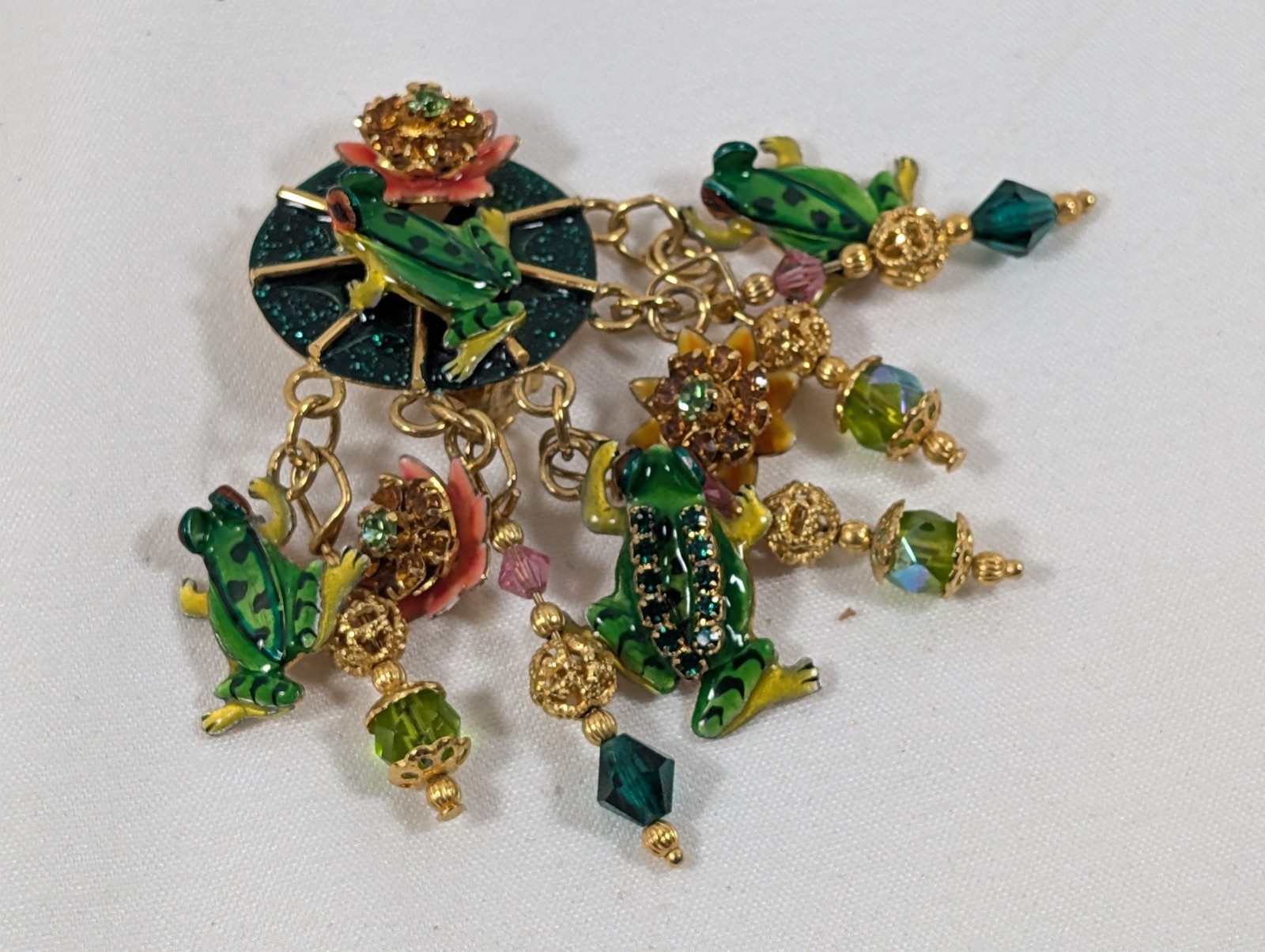 Lunch at the Ritz Frog Lily Pad Dangle Clip Earrings 3″