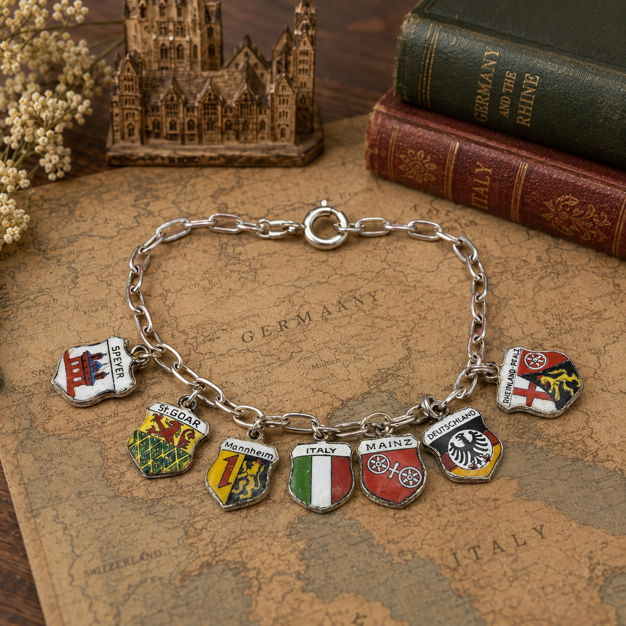 Vintage 800 Silver Enamel Travel Shield Charm Bracelet Germany Italy ANTIKO 7″