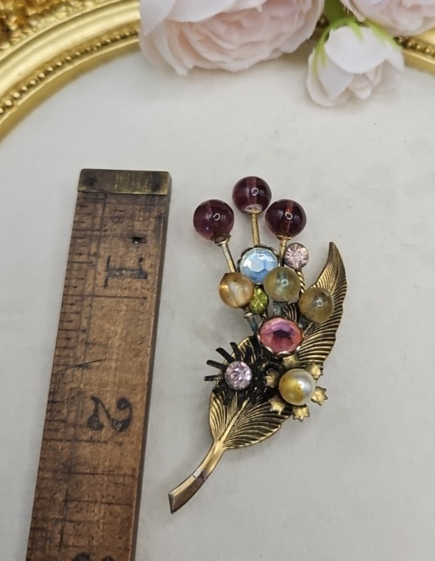 Vintage Czech Glass 1940s Floral Flower Brooch Pin Rhinestone Pearl Brass