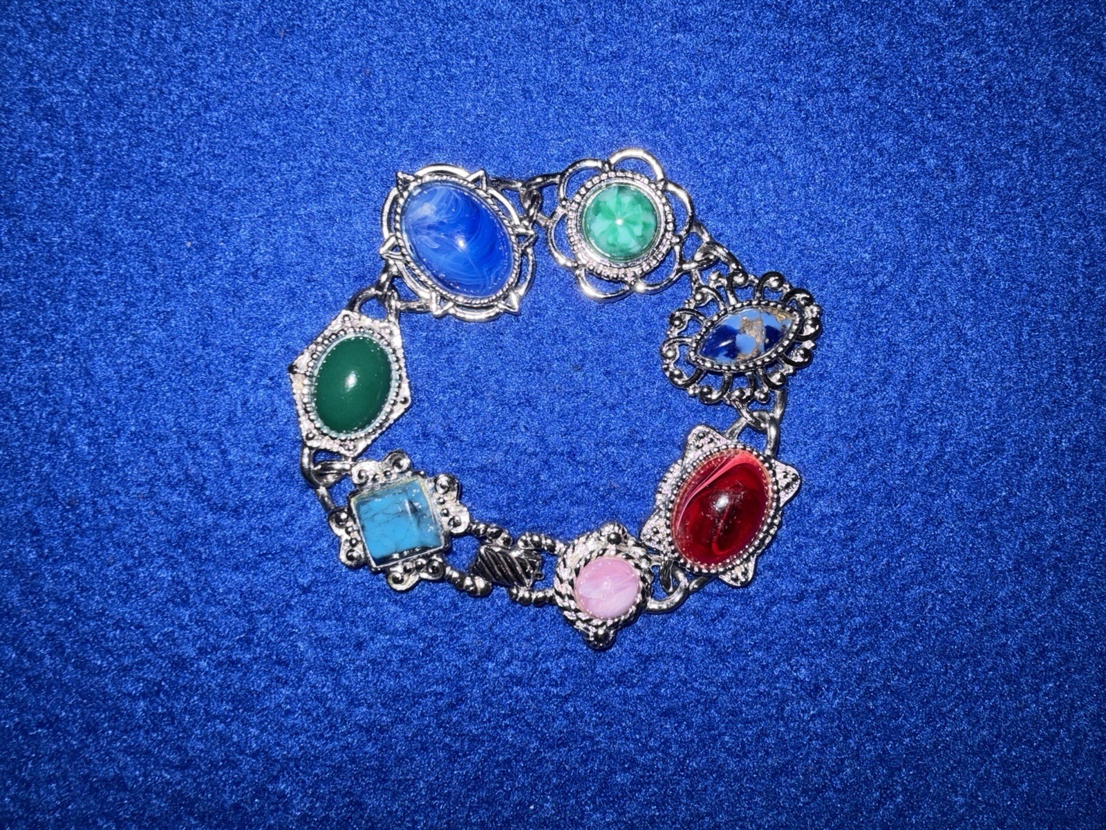 Sarah Coventry Signed Silver Tone Colorful Stone Link Bracelet Jewelry 7.5”