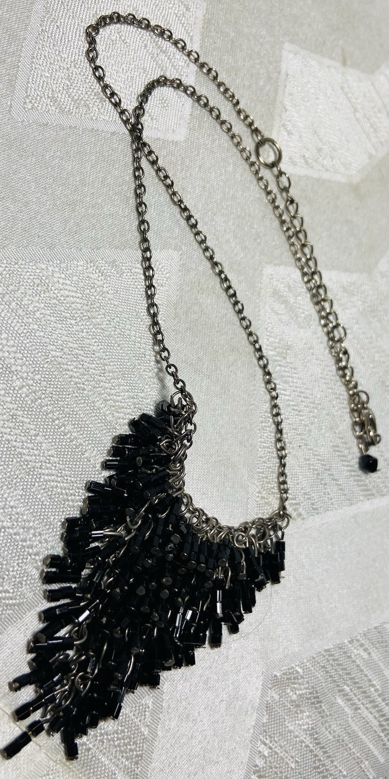 Vintage Black Bugle Bead Fringe Statement Necklace Waterfall Bib Silver Tone 18”