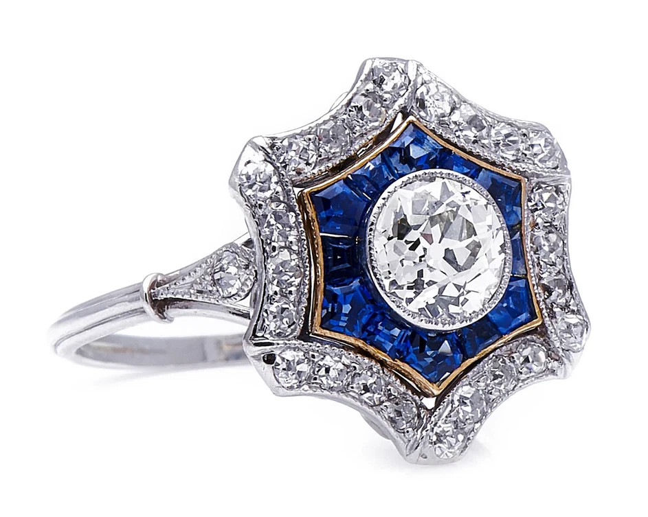 Antique Art Deco 925 Sterling Silver Cubic Zirconia & Blue Sapphire Cluster Ring