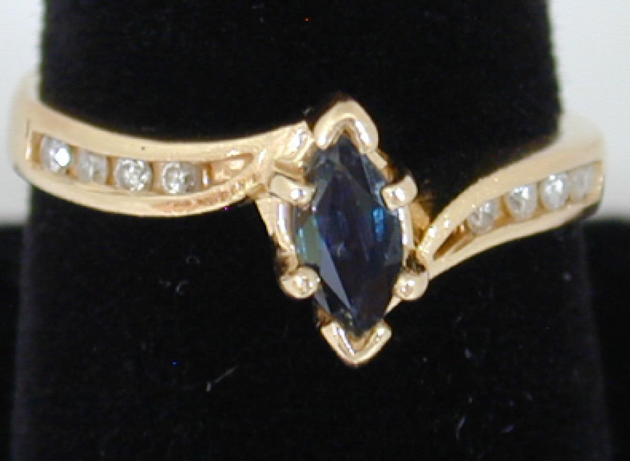 Vtg ASH 14K Yellow Gold Marquise Dark Blue Sapphire & Diamond Ring Size 7.5 585