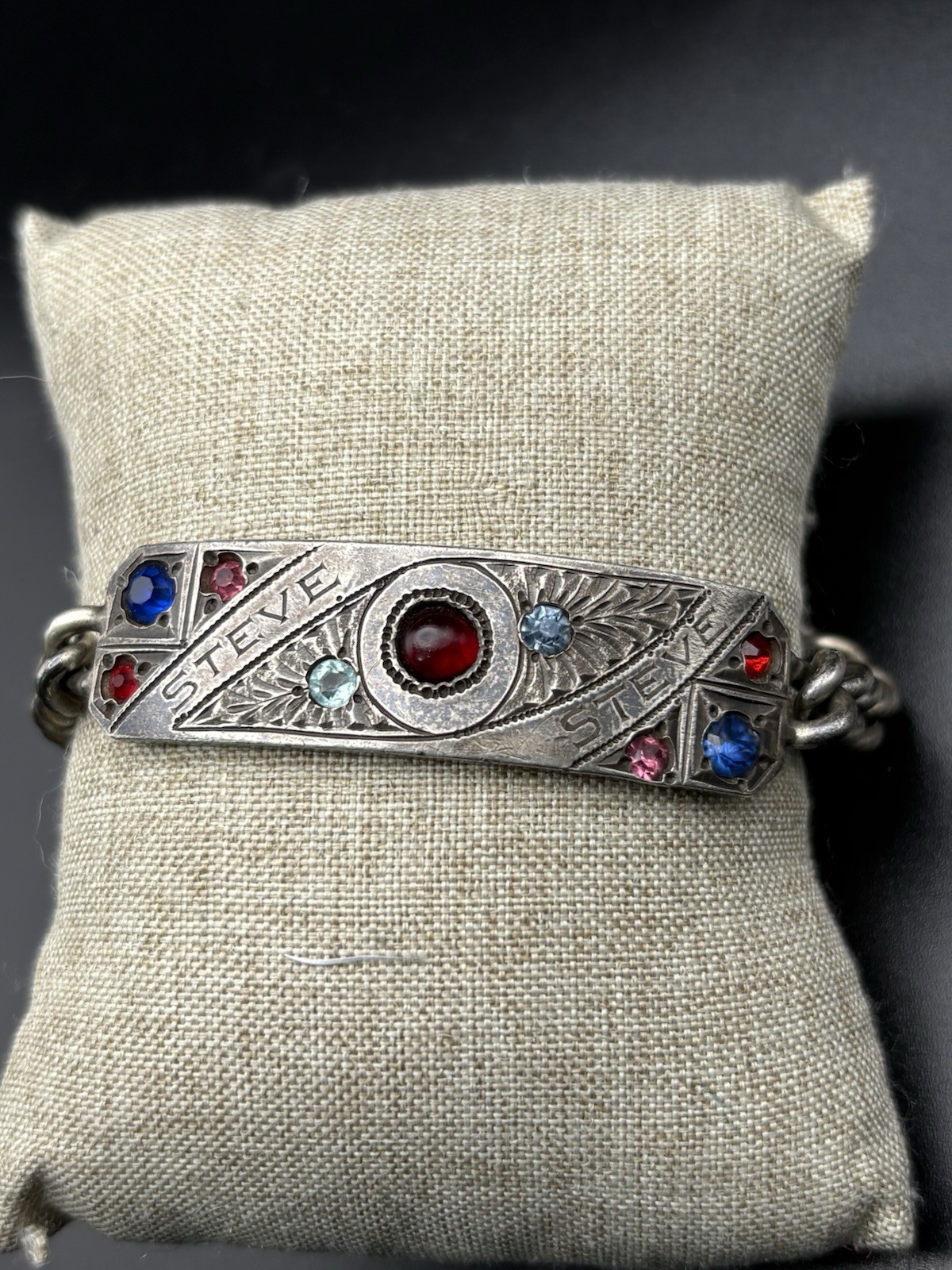 Vintage Sterling Silver ID Men Bracelet Engrave Steve Color Stone Heavy 46g 8”