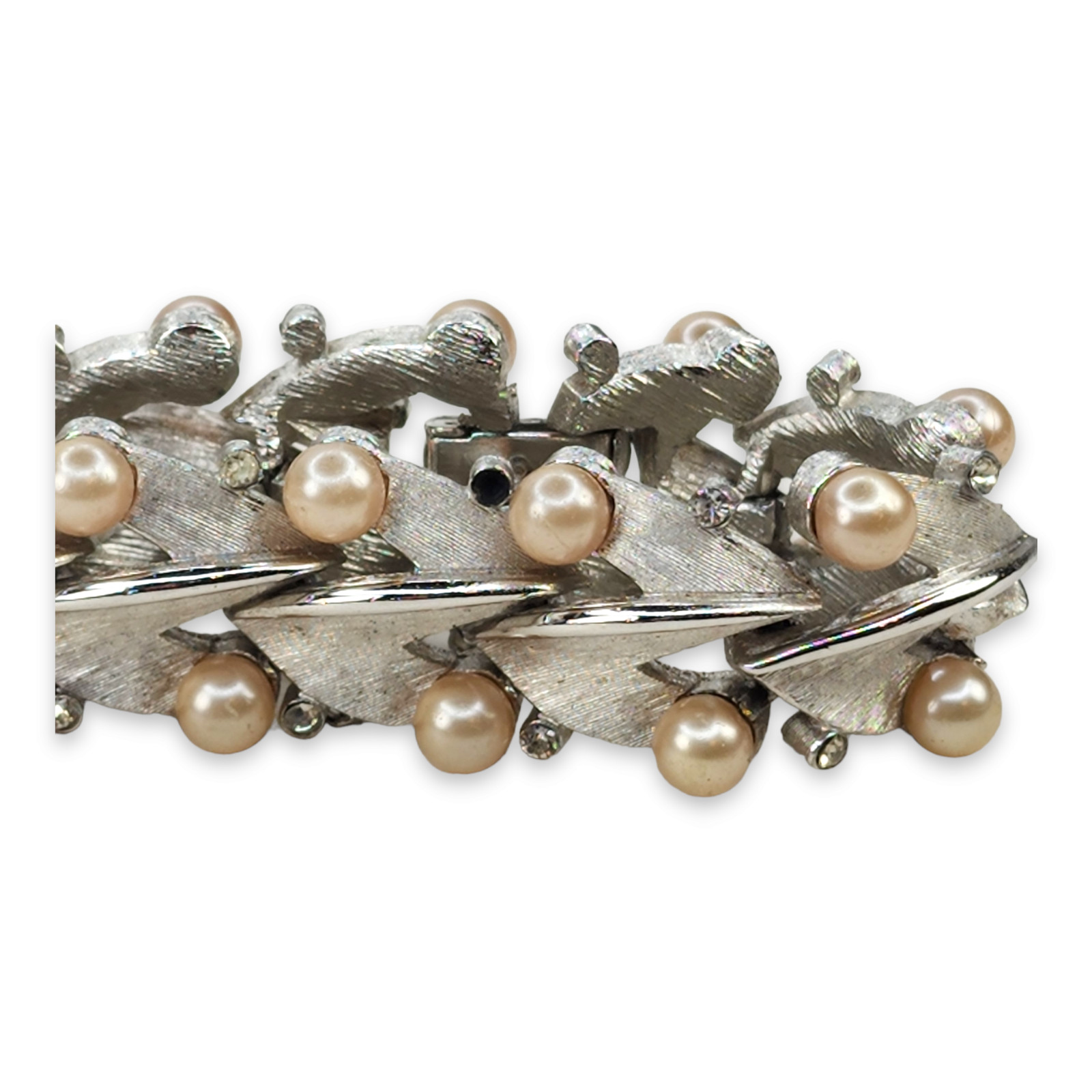 Vintage Trifari Silver Tone Clear Rhinestone Faux Pearl Links Bracelet 7.25 In