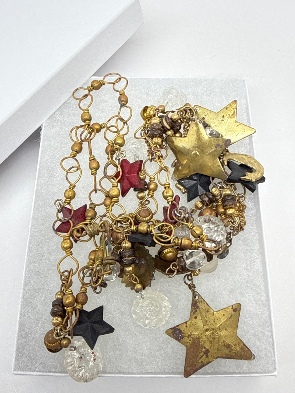 Vtg Brass Star Moon Charms Necklace red blue patriotic Boho 30″ July 4th