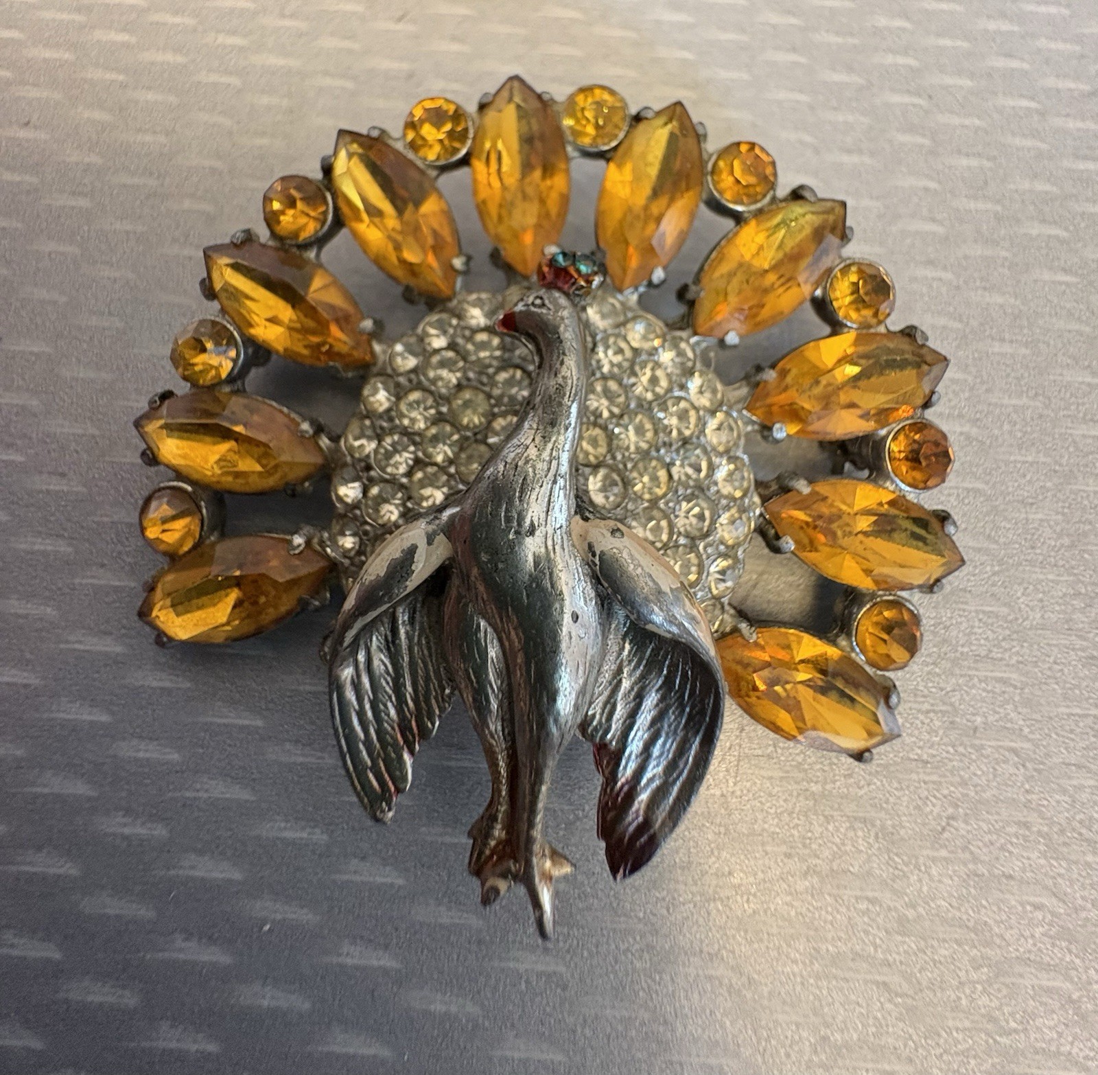 30s Vintage Pot Metal Peacock Brooch Amber Glass Marquise Pave Rhinestones 2.5″