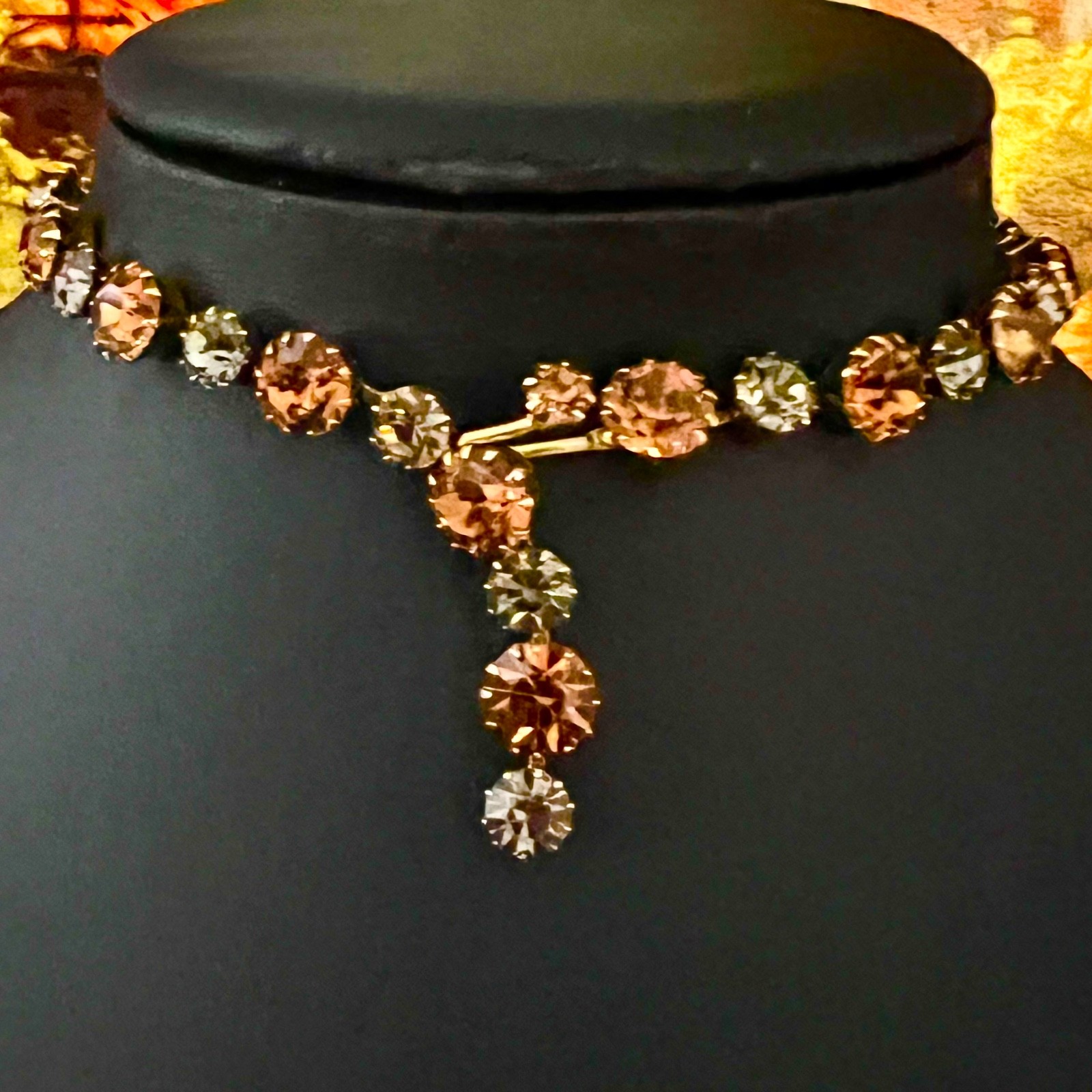 Vintage Kramer Tiered Topaz Honey Amber Rhinestone Necklace & Earrings Demi Set