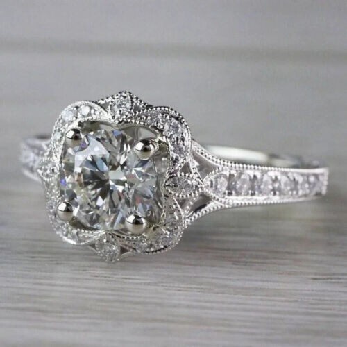 Art Deco Round Cut Lab Created Diamond 14K WhiteGold Filled Halo Engagement Ring