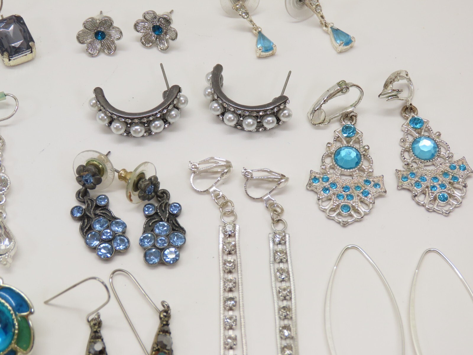 VTG Dangle Earrings Lot Pierced 1 Clip Silver Tone Blue Clear Rhinestones D2115