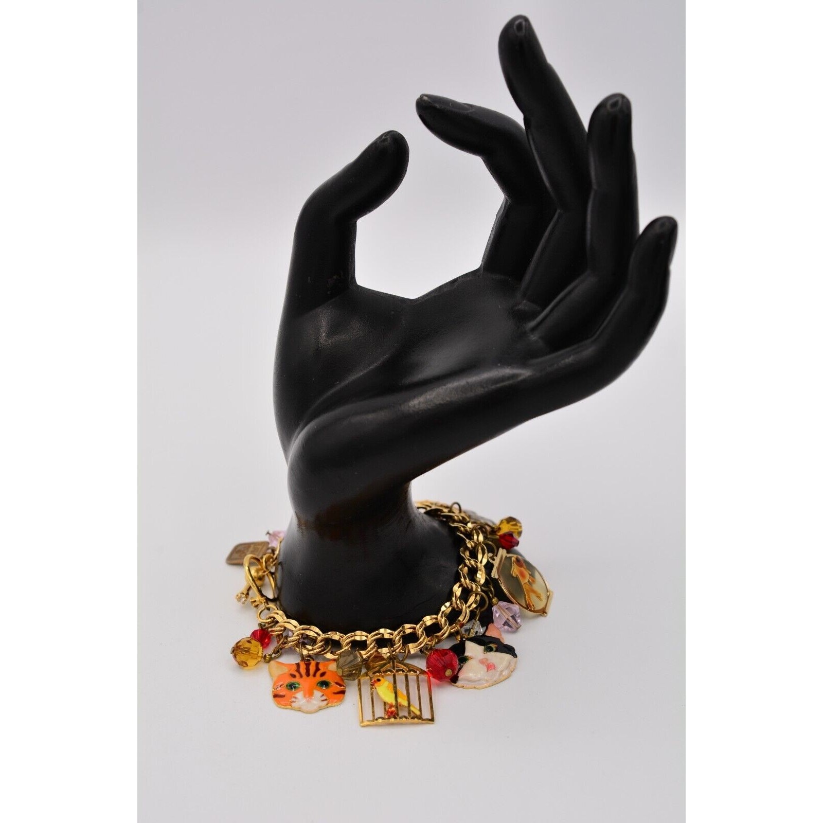 Lunch at The Ritz Vintage Cat Charm Bracelet Bird Fish Crystal Signed 1990s Bin6