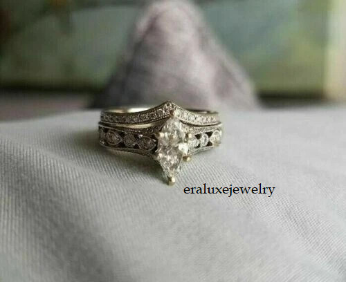 Marquise Cut Lab Created Diamond 14k White Gold Finish Wedding Bridal Ring Set