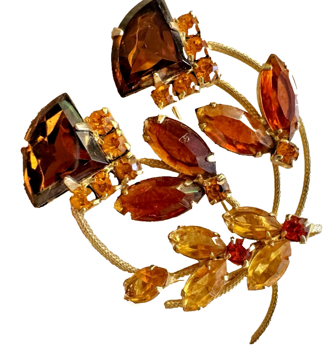 1950s Floral Spray Of Topaz And Autumnal Colors on Gold Tone Unsigned MCM