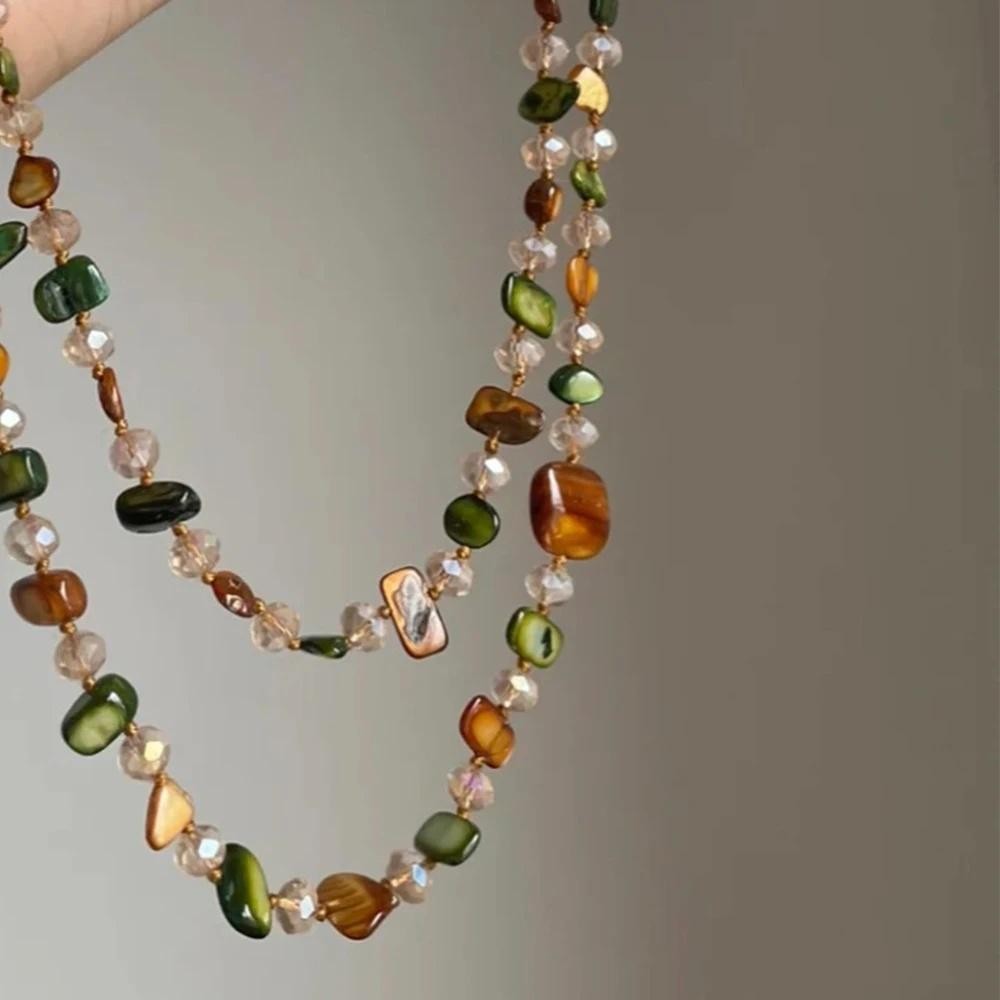 Bohemian Vintage Natural Stone Necklace Handmade Crystal Beads Double Layer