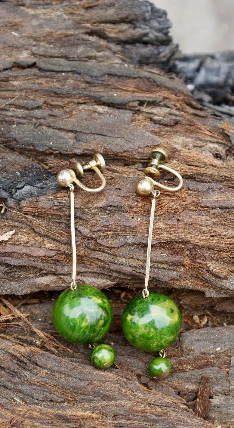 Green Bakelite Dangle Earrings Screwback 12K Gold Filled Marbled Ball Drop 1940s