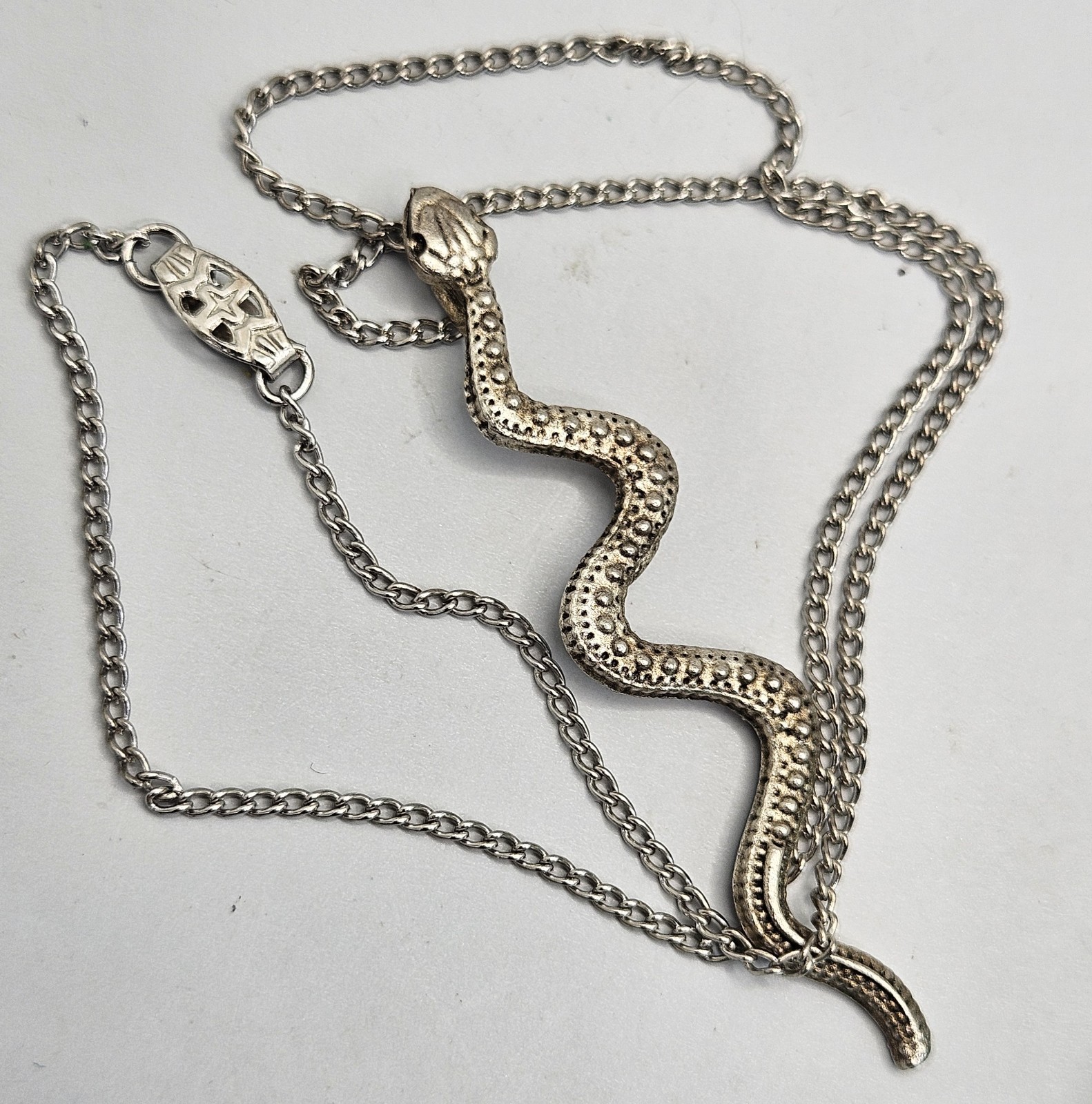 Vintage Snake Pendant Necklace Silver Tone Serpent Choker Chain 15″