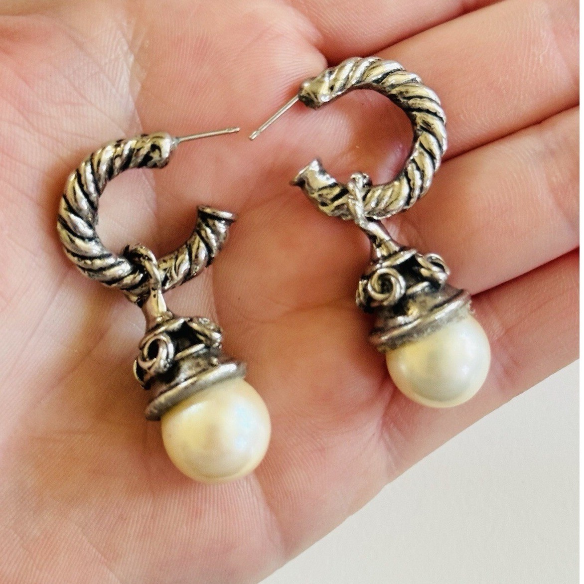 Regal Cuff Earrings VTG Dangle Silver Plated Pearl Cabochon Hoop pierced 90s