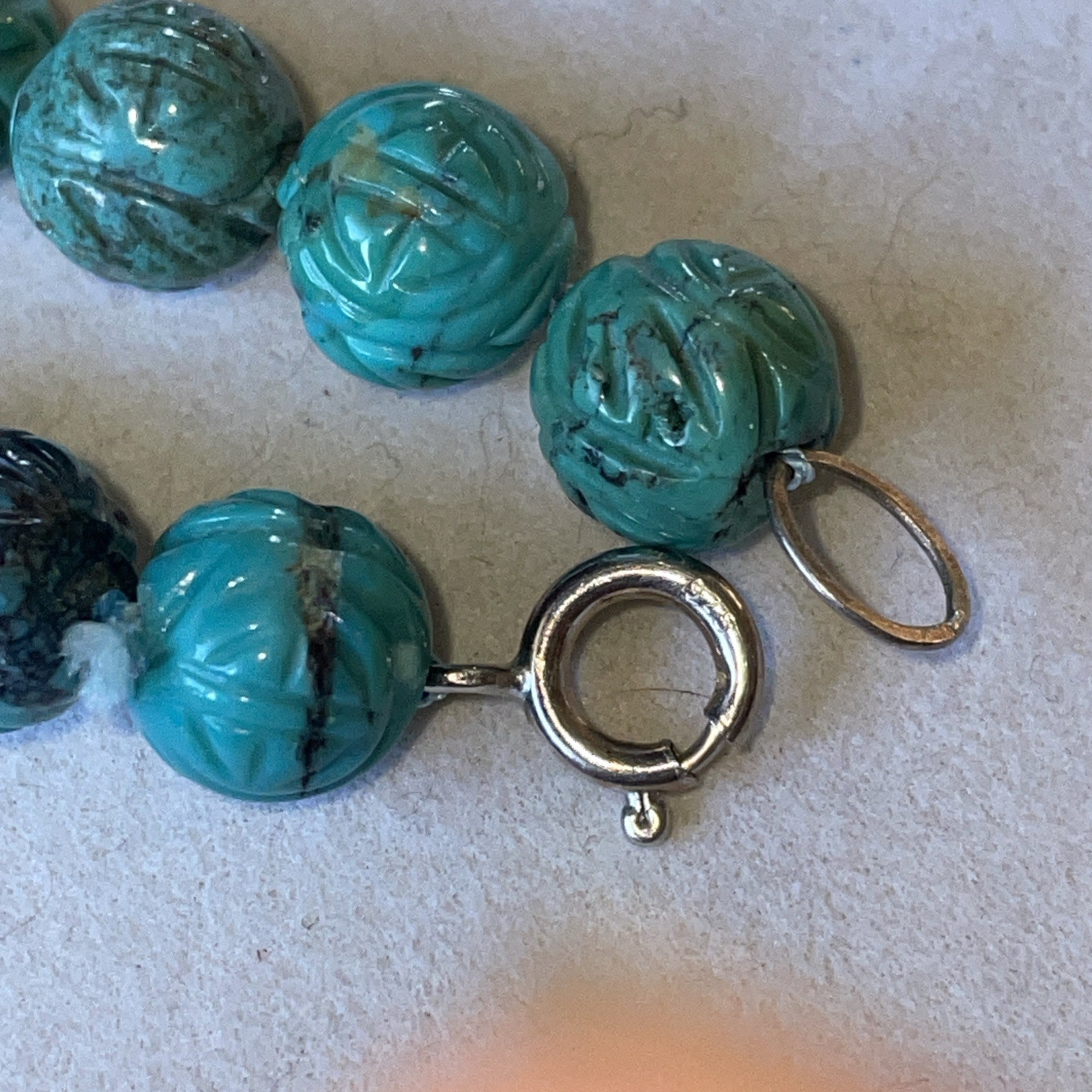Vintage Chinese Turquoise Carved Shou Bead Necklace Sterling Silver 21” Long