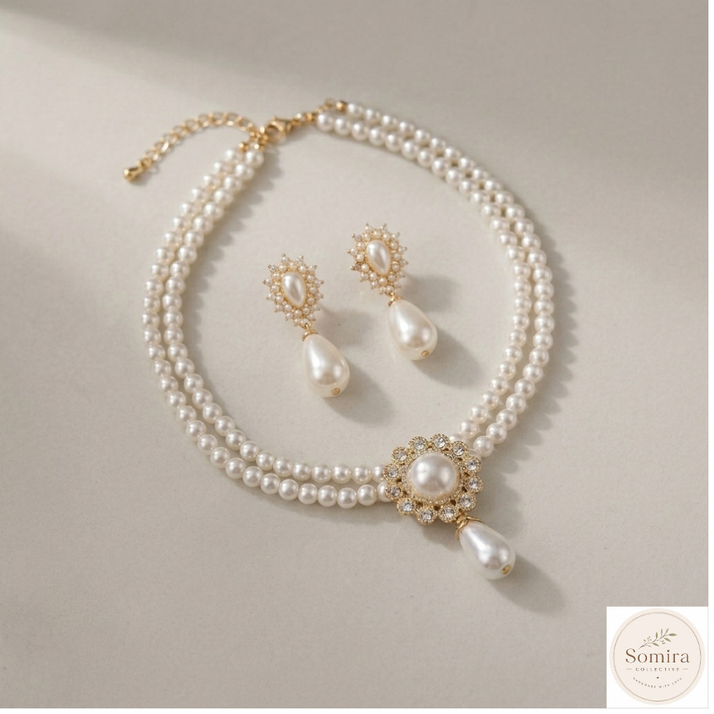 Vintage Pearl Set, Double Strand Necklace and Teardrop Earrings