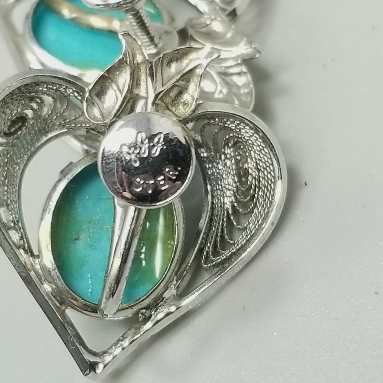 Vintage Sterling Silver Blue Cabochon Filigree Heart Clip On Screw Back Earrings