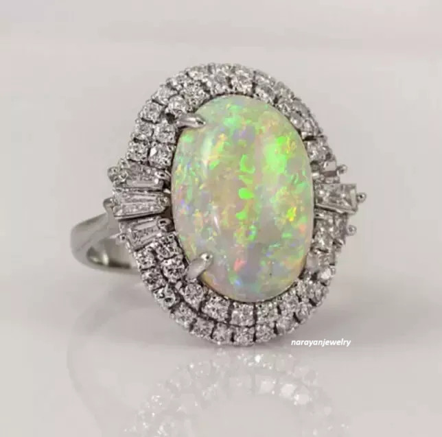Glittering fancy Opal & lab-created Diamond halo cluster Engagement Ring silver