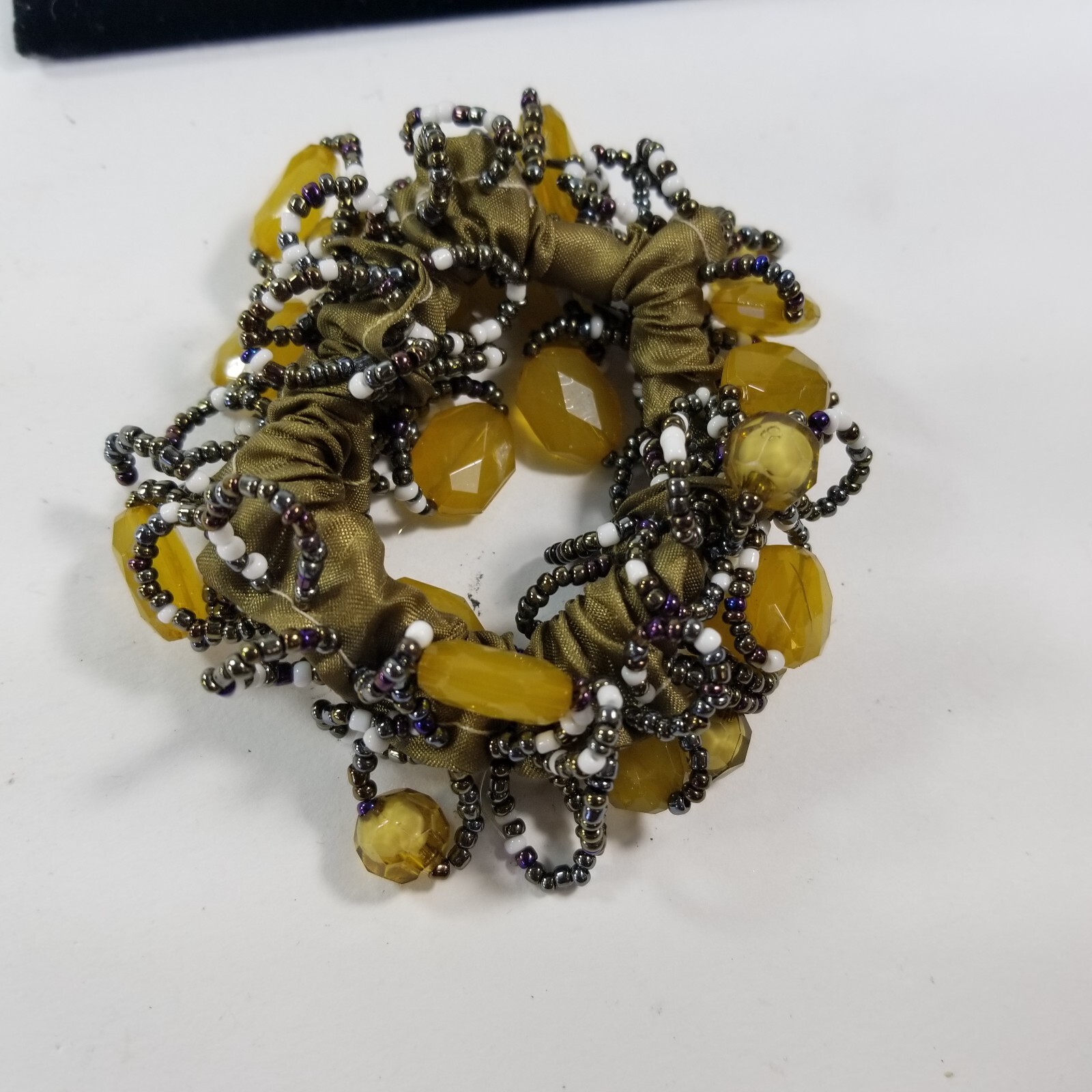 Vintage Gold Tone Seed Beads Green Yellow Bracelet Or Pony Tail Scrunchie