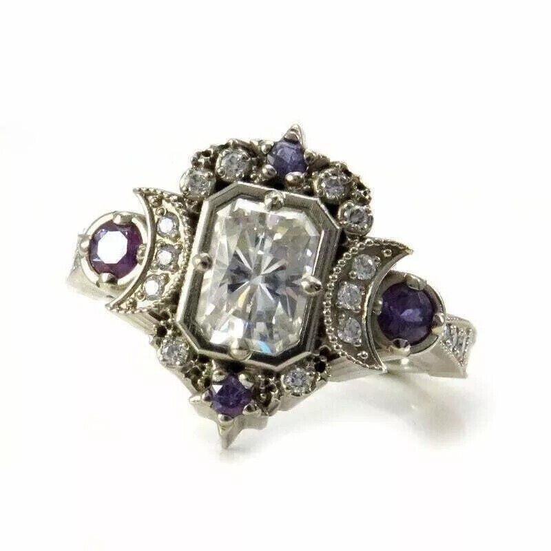 Vintage Style Art Deco Lab Created Diamond Moon Goddess Engagement Silver Ring