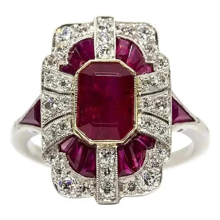 4Ct Art Deco Style Ruby & Lab-Created Diamond Engagement 14K White Gold FN Ring