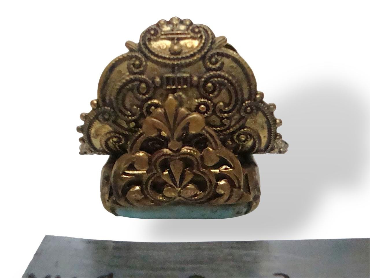 Vintage Large Statement Ring Brass Filigree Setting Blue Peking Glass Adjustable