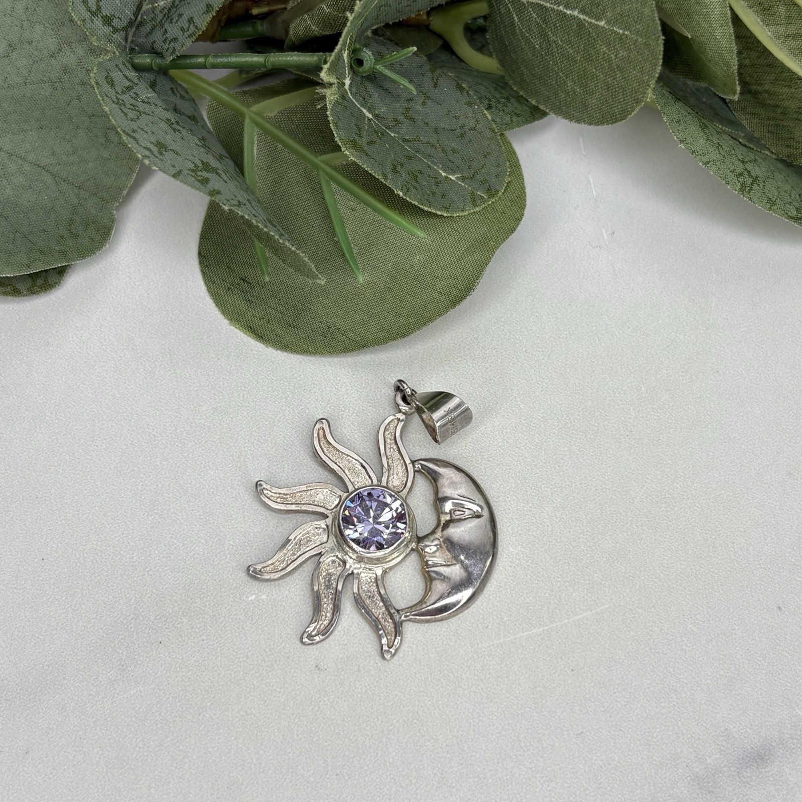 Vintage Mexico Sterling Silver Sun & Crescent Moon Eclipse Pendant Purple Stone