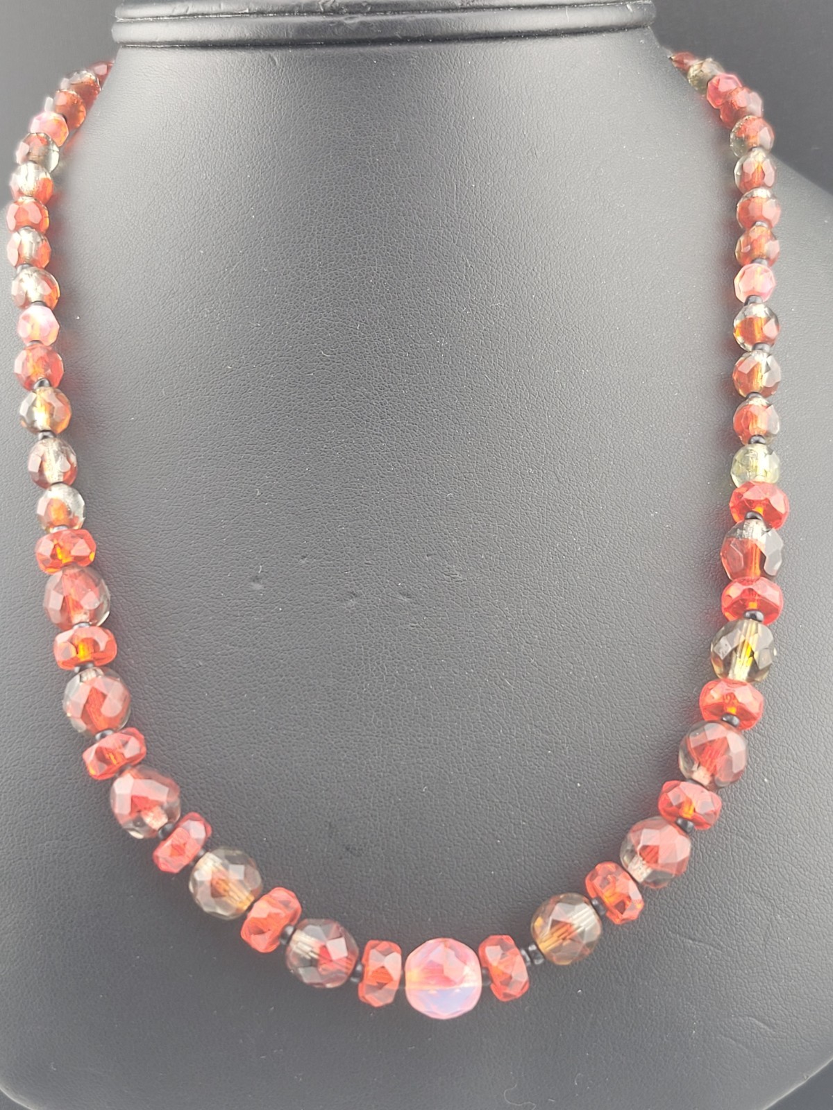 Antique Czech Red Clear Orange Givre Glass Crystal Bead Graduated 20″ Necklace
