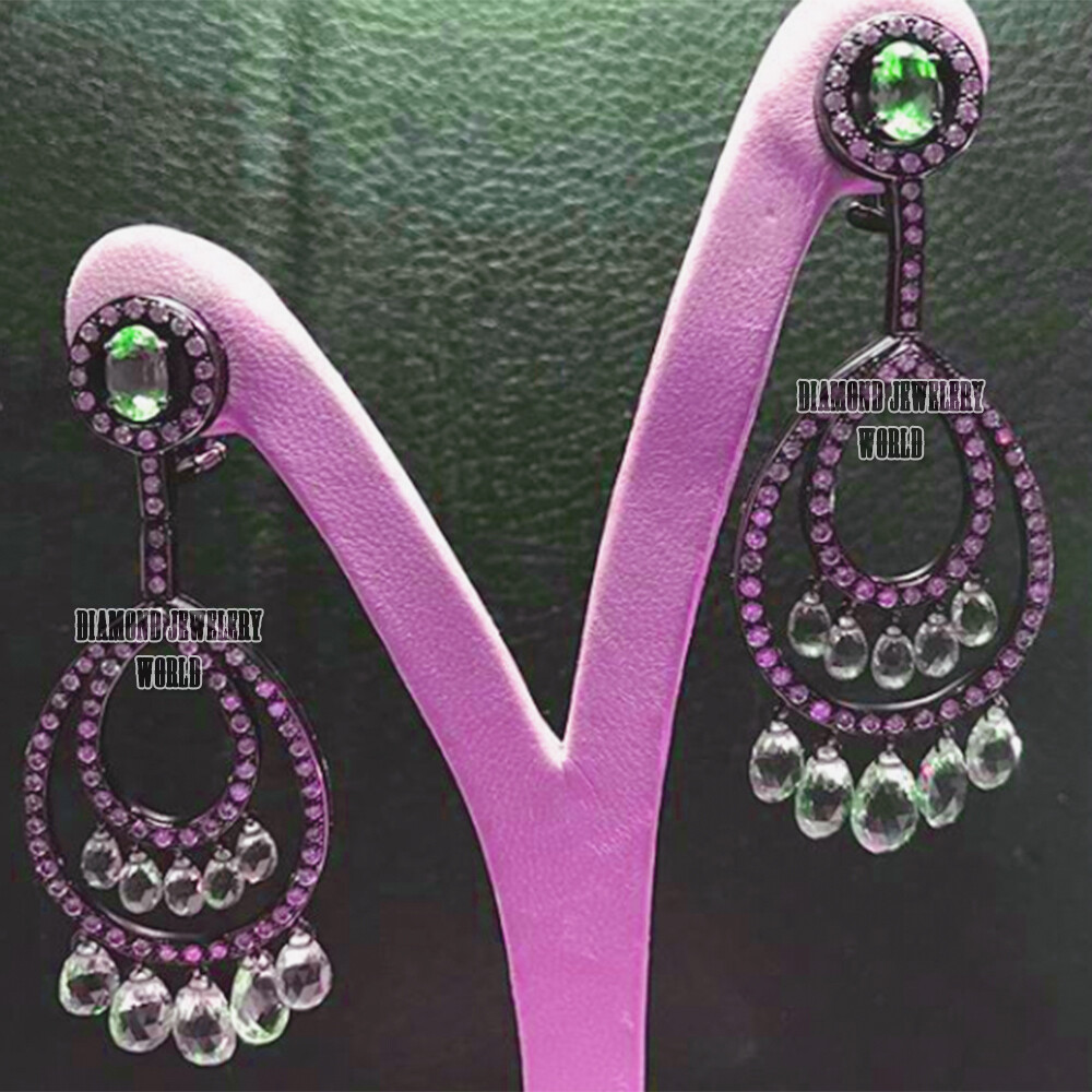 Gorgeous 2.39ctw Rose Cut Diamond Emerald Studded Silver Vintage Earring Jewelry
