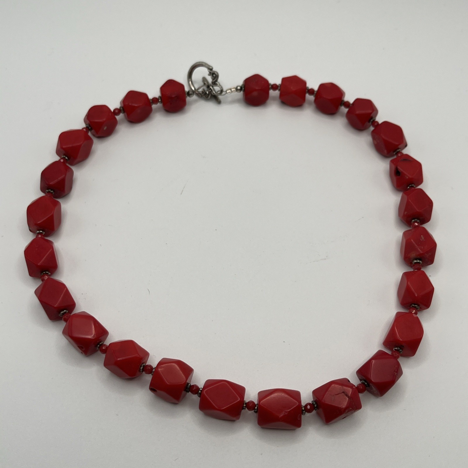 Vtg Natural Red Coral Faceted Bead Necklace 18” Toggle Clasp Statement