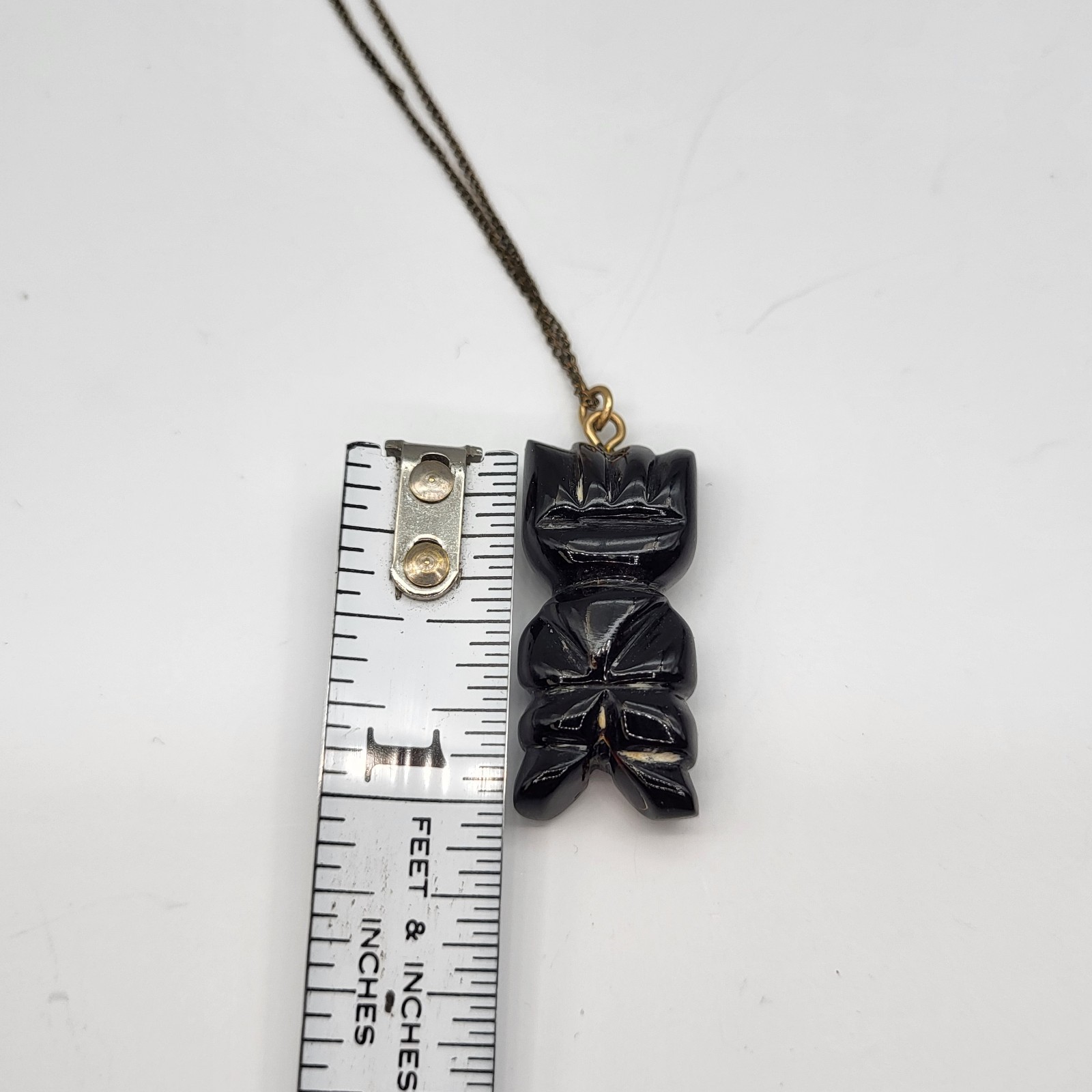 VTG Black Coral Moai Easter Island Tiki Pendant Hand Carved gold filled chain