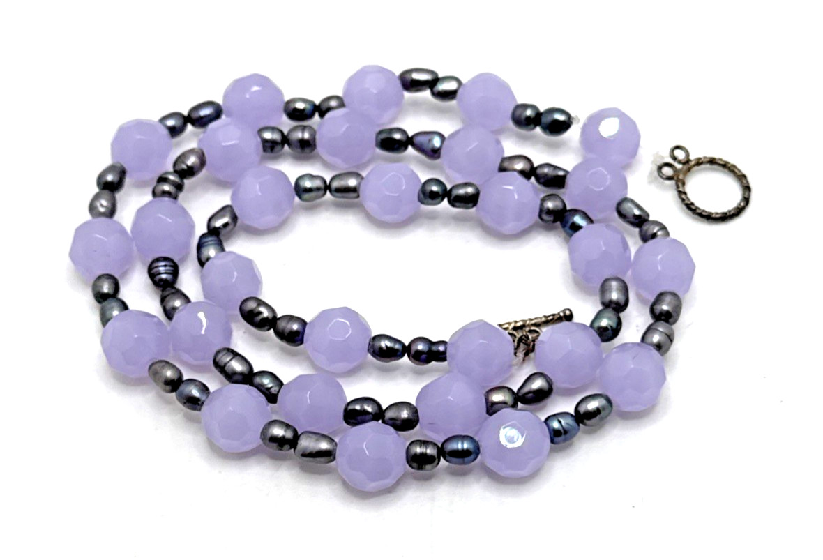 Genuine Baroque Pearl Purple Faceted Glass Bead Necklace 925 Sterling Silver 23″