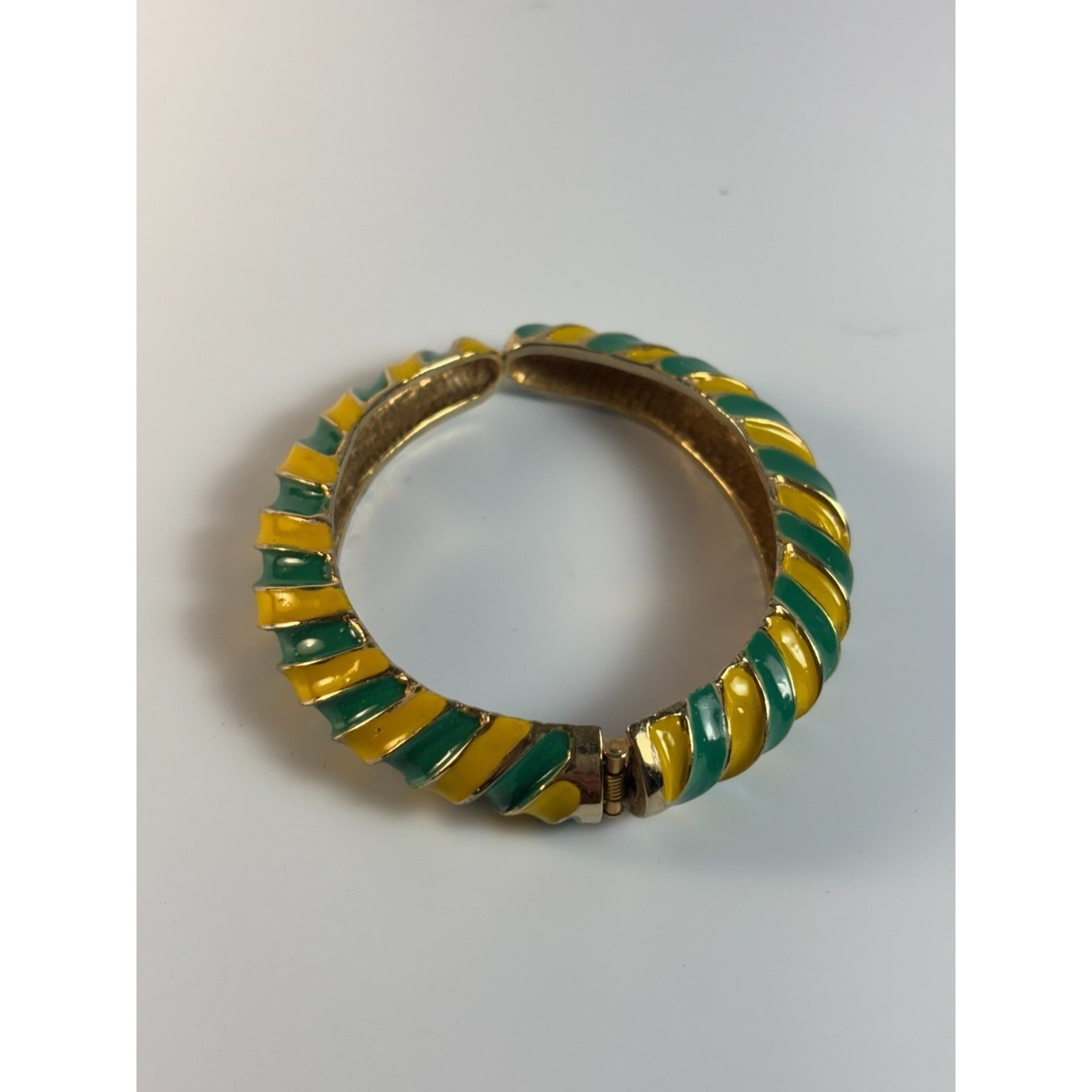 Bracelet Cuff Gold Tone Green Yellow Enamel Signed Les Bernard Vintage Hinged